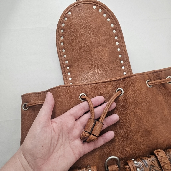 Rein & Bridle Tooled Vegan Leather Backpack Brown Western Boho Studded - Picture 5 of 13